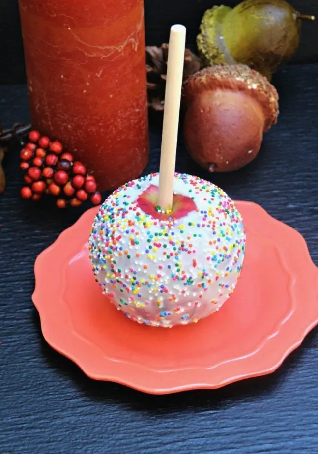 White Chocolate Covered Apples with Sprinkles