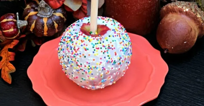 White Chocolate Covered Apple with Sprinkles