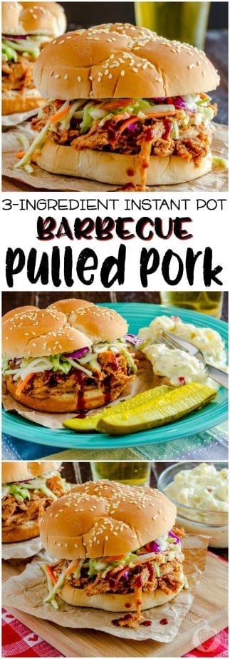 This delicious, tangy, fruity 3-ingredient Instant Pot barbecue pulled pork tastes like old fashioned southern home cooking, but none of that waiting all day. | #TotallyTheBomb #InstantPot #PulledPork #3Ingredient #Recipe #BBQ #FastFood