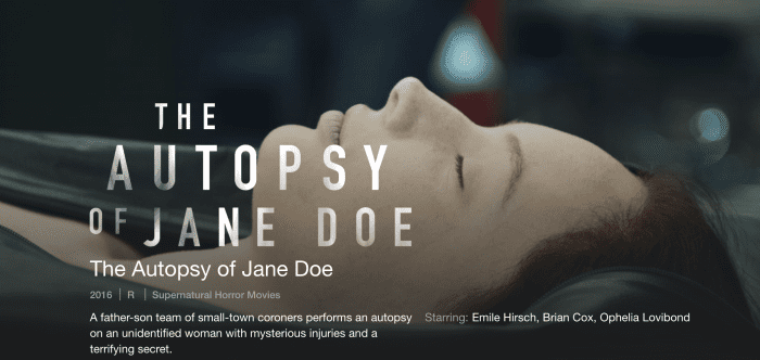 The Autopsy of Jane Doe is a scary horror movie that is new to Netflix and scaring people too mcuh to watch it alone!
