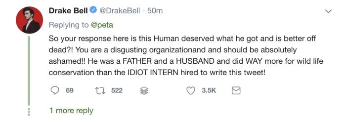 Drake Bell sent a heated reply to PETA's retweet attacking Steve Irwin