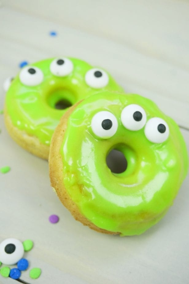 My kids are excited about Toy Story 4--and so am I. So I made these Out of this World Adorable Toy Story Alien Mini-Donuts because shared excitement should always include donuts. #toystory #toystoryfood #toystoryalien #alien #donut #donutrecipe #toystoryalienfood