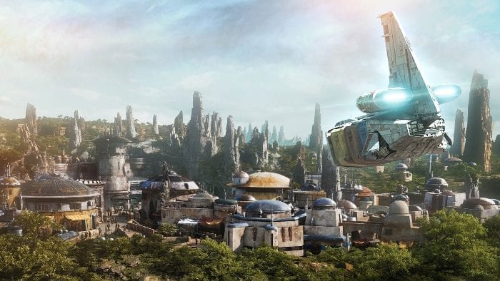 A flyover view of Batuu, the faux planet created by Disney to be the setting for the Star Wars: Galaxy's Edge entertainment attraction.