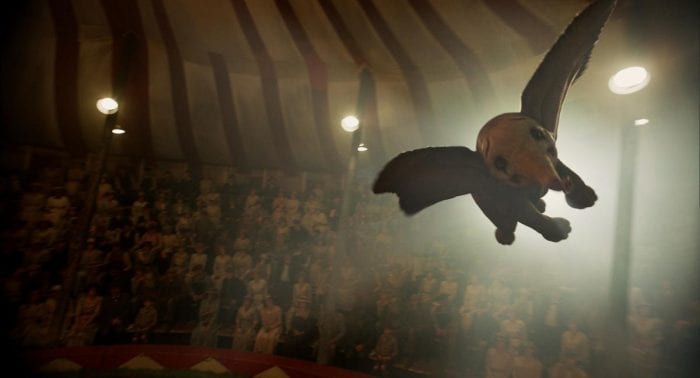 dumbo flying around the circus tent in the new Disney Dumbo movie