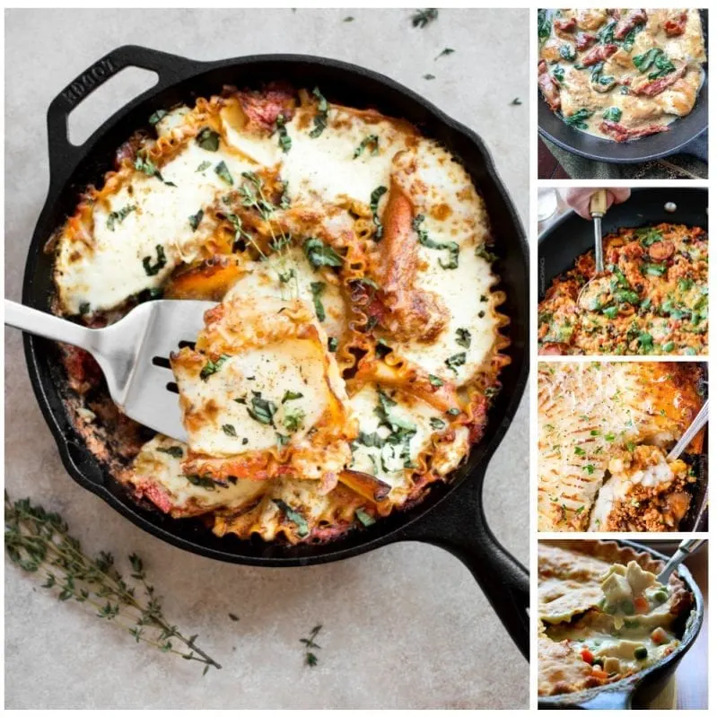 I absolutely adore these 24 Ridiculously Tasty Skillet Meals. Every single one of them is simple, easy-to-clean-up, and best part? So tasty that your family is going to love having a new recipe (almost every night of the month)! #onepanmeals #skilletdinners #skilletmeals #skilletrecipes