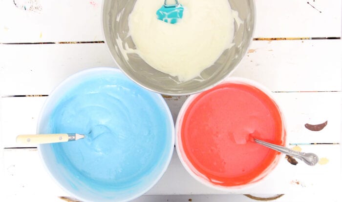 jello no bake cheesecake batter in 3 different bowls