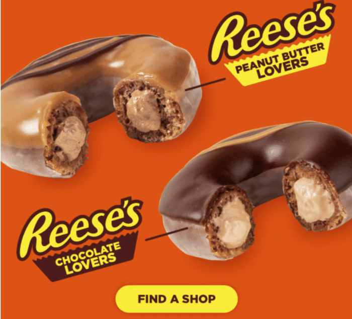 the new krispy kreme reese's donut is stuffed with a sweet chocolate peanut butter filling