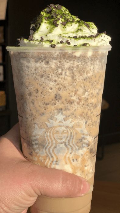 this Oogie Boogie Frappuccino is a sweet white chocolate mocha frapp with hidden java chips