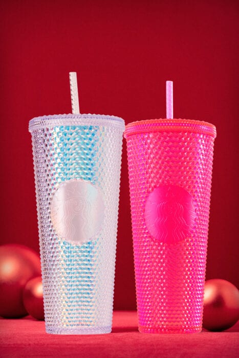 We're so excited for these neon pink and silver bling holiday cups from Starbucks