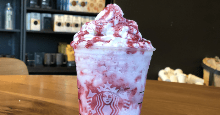 the Elf On The Shelf Frappuccino is made with a vanilla bean frappuccino, srawberry puree and a touch of peppermint for a fresh, Christmas touch