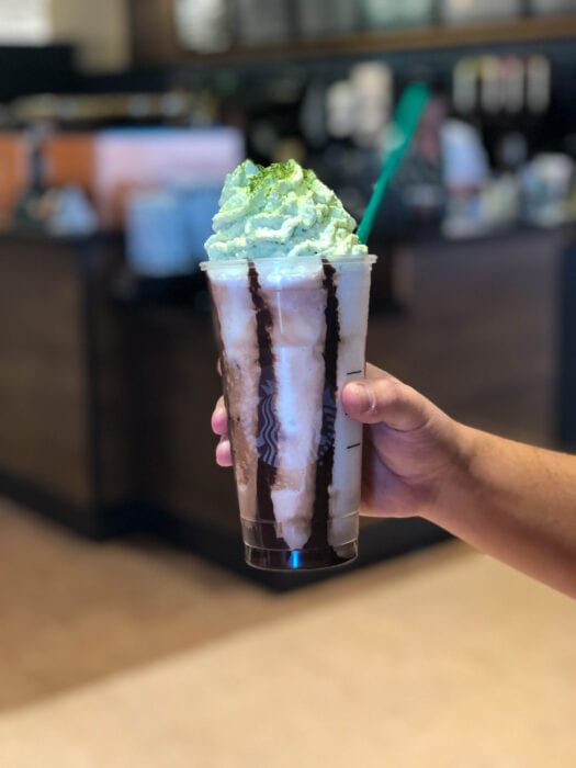 a vanilla bean frappuccino is the base of this Beetlejuice-inspired drink