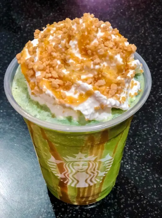 we love these caramel crispies that top this delicious Baby Yoda Frappuchino
