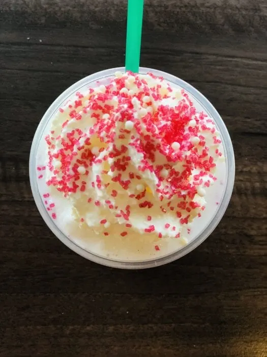 this Santa Claus Frappuccino doesn't have any coffee so it's a perfect treat for kids too