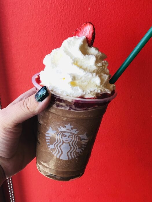 chocolate and strawberry are the perfect pair in this festive Rudolph The Reindeer Frappuccino