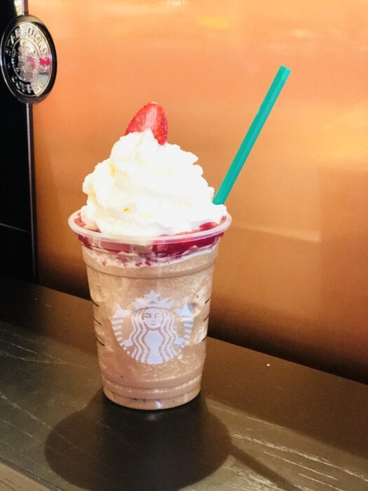 the perfect mix of chocolate and strawberry make up this Rudolph The Reindeer Frappuccino from Starbucks
