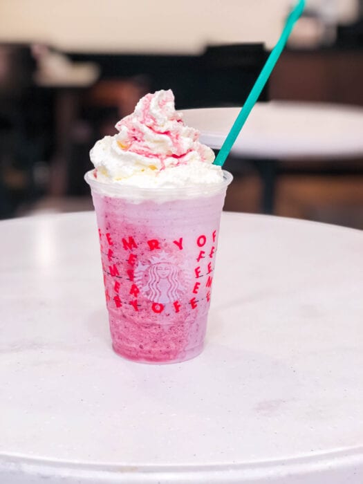 this Frozen themed Starbucks Frappuccino is a vanilla bean base with blueberry and blackberry to make it purple