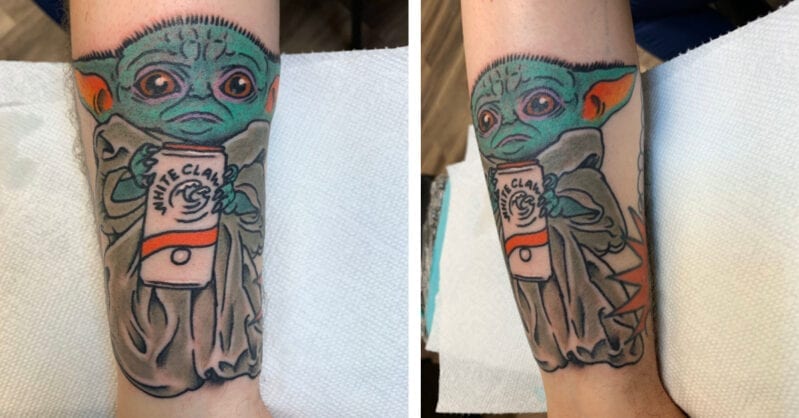 This Guy Got A Tattoo On His Arm Of Baby Yoda Holding A Can Of White Claw