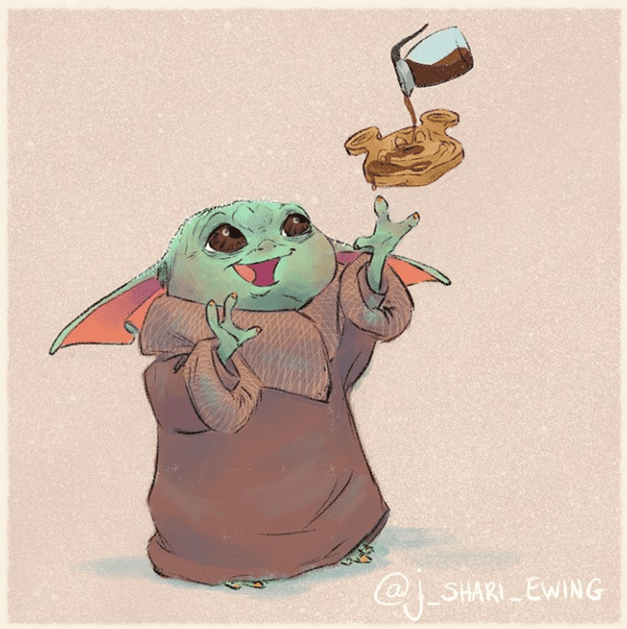 Illustrations of Baby Yoda Eating Popular Disney Snacks 
