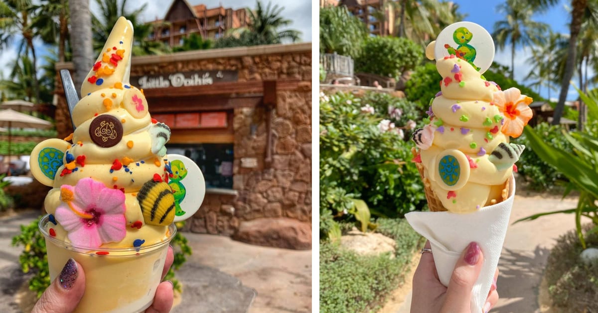 Disney’s Aulani Resort Has a Pineapple Ice Cream Treat Topped with Seashells and Hawaiian Flowers