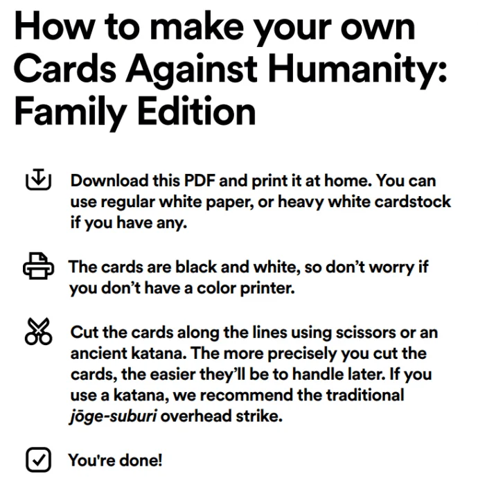 Free Printable Cards Against Humanity Family Edition