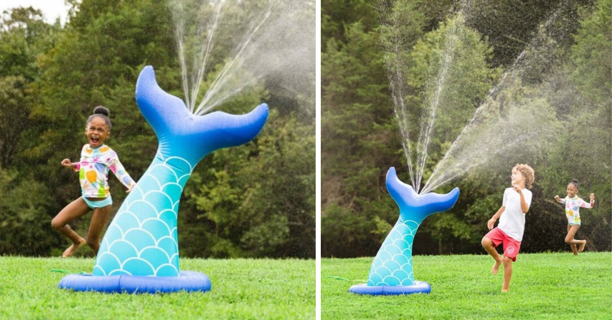 HearthSong Inflatable Mermaid Tail Sprinkler with Gentle Mist 28 L x 23 W Base Tail is 47 H Easy Inflate 