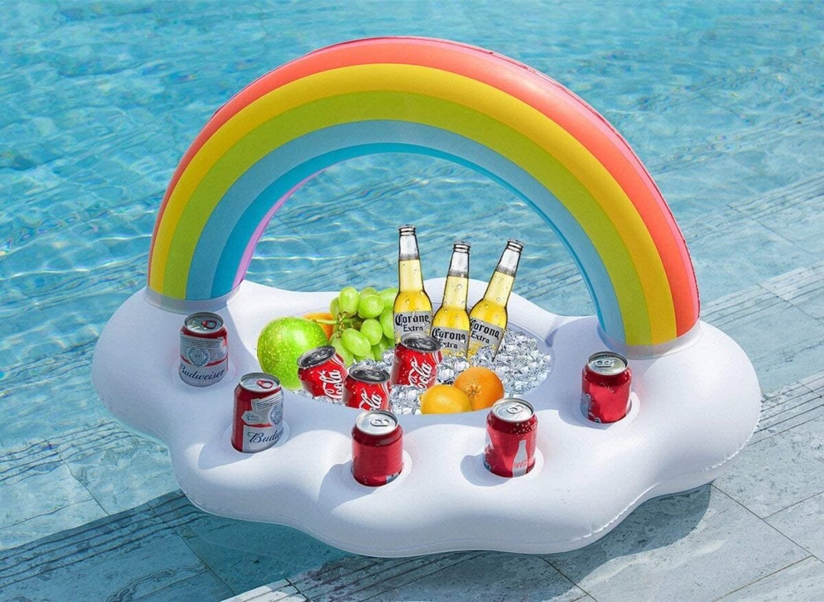 This Floating Rainbow Cooler Holds Your Drinks and Snacks While You’re In The Pool