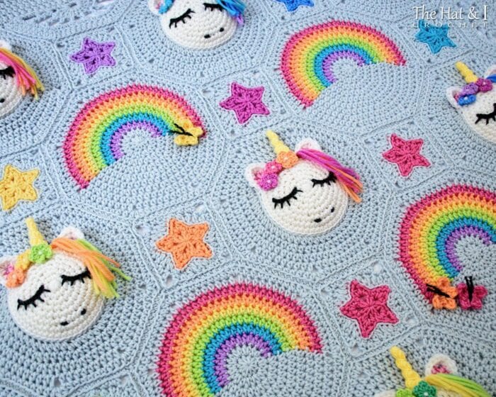 Crocheted Unicorn Blanket with rainbows and stars