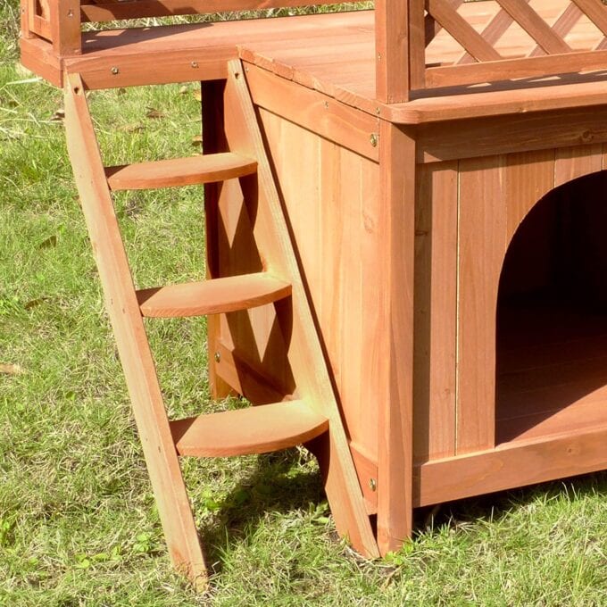 This 2-Story Wooden Dog House Comes Complete with Stairs and A Balcony