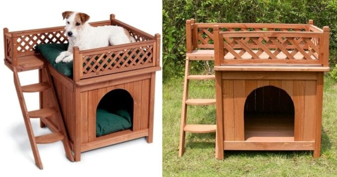 This 2-Story Wooden Dog House Comes Complete with Stairs and A Balcony