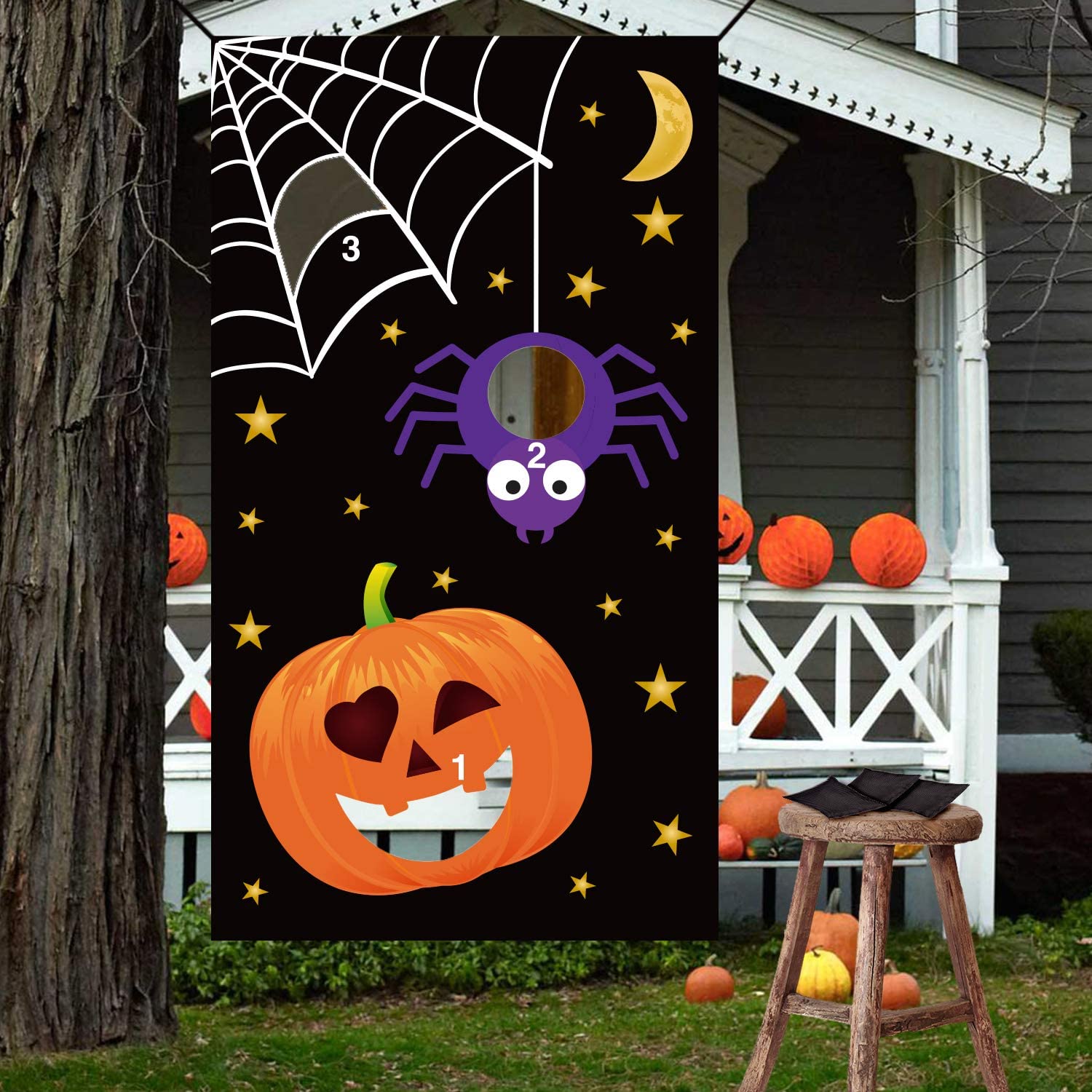 Halloween Toys Halloween Party Favor Halloween Inflatable Spider and Witch Hat Ring Toss Game for Kids Halloween Games Pumpkin Ghost Toss Game with Bean Bags ThinkMax Halloween Toss Games 