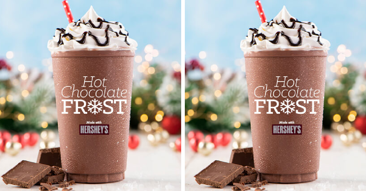 Auntie Anne’s Is Selling A Hot Chocolate Frost That’s Topped With Hershey’s Chocolate Syrup For The Holidays!