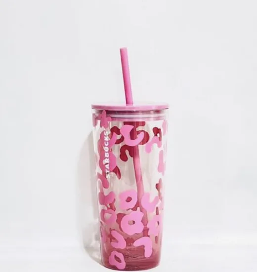 Bamboo Tumbler, Iced Coffee Glass Tumbler, Cheetah Holographic Pink Tumbler.