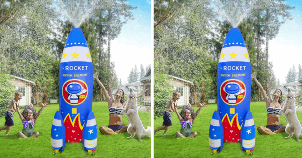 You Can Get This Large Inflatable Rocket Ship Sprinkler That Shoots Water Out Of The Top And My Kids Are Obsessed