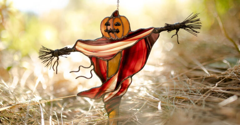 You Can Get A Scarecrow Stained Glass Suncatcher To Brighten Your Home During The Halloween Season