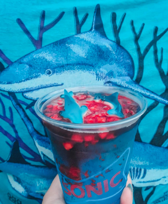 Sonic Has A Shark Week Slush Topped With Strawberries And Gummy Sharks