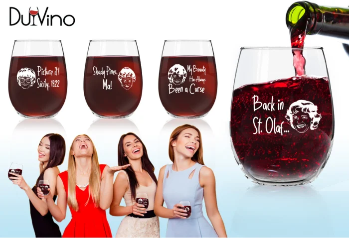 DU VINO Golden Girls Inspired Stemless Wine Glass Set of 4 (15  oz)- USA MADE-Funny Novelty Glasses for Party, Event, Girls Night-Gift For  Mom, Women Best Friend- Fun Drinking for