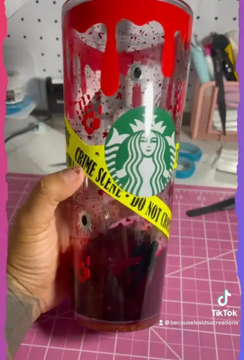 Blood Splatter in Bright Red, Starbucks Cold Cup with Straw