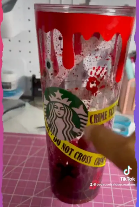 Blood Splatter in Bright Red, Starbucks Cold Cup with Straw