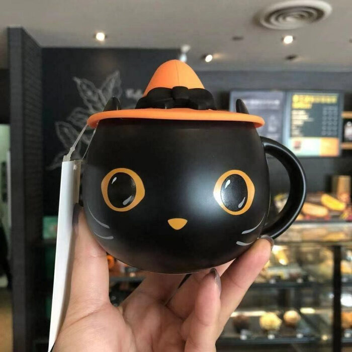 HOT Starbucks MUGS Cute Black Cat W/ Cap Lid Coffee Mug Cup Spoon Hallowmas Gift 