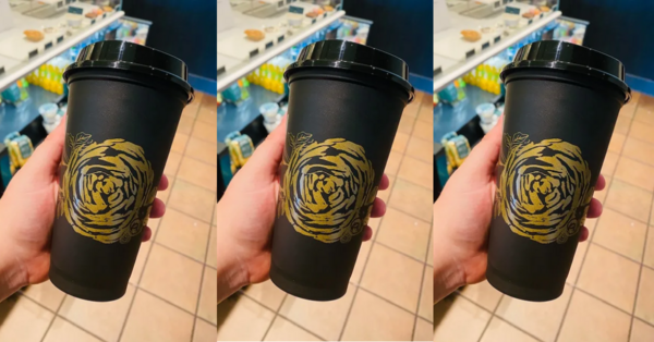 Starbucks Is Selling A $3 Hot Reusable Cup That Is Black with A Gold Rose Design