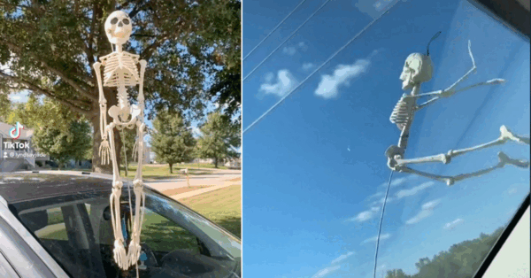 People Are Buying Skeletons and Taping Them To Their Car Antennas For Halloween