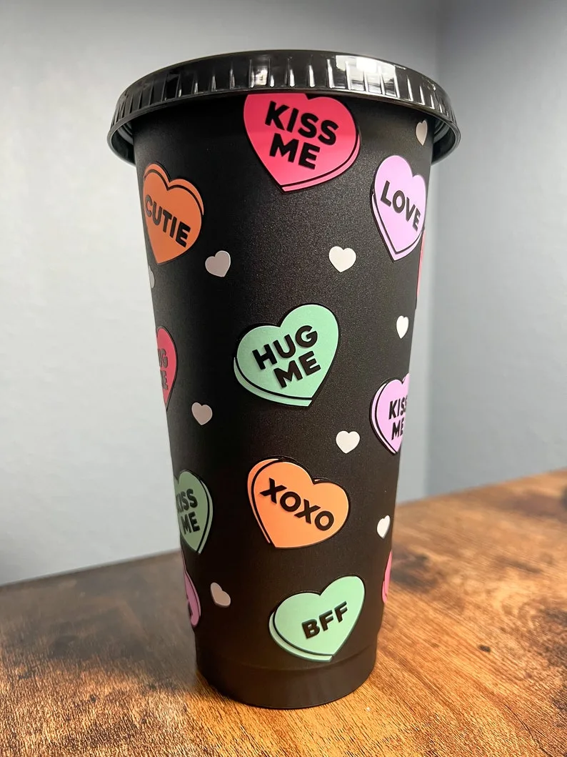 Valentine's Day Heart Eye Smile Starbucks Cup Boho Gift for Lover and Best  Friend Cute Happy Face Cup Reusable Cupid Hearts Tumbler 