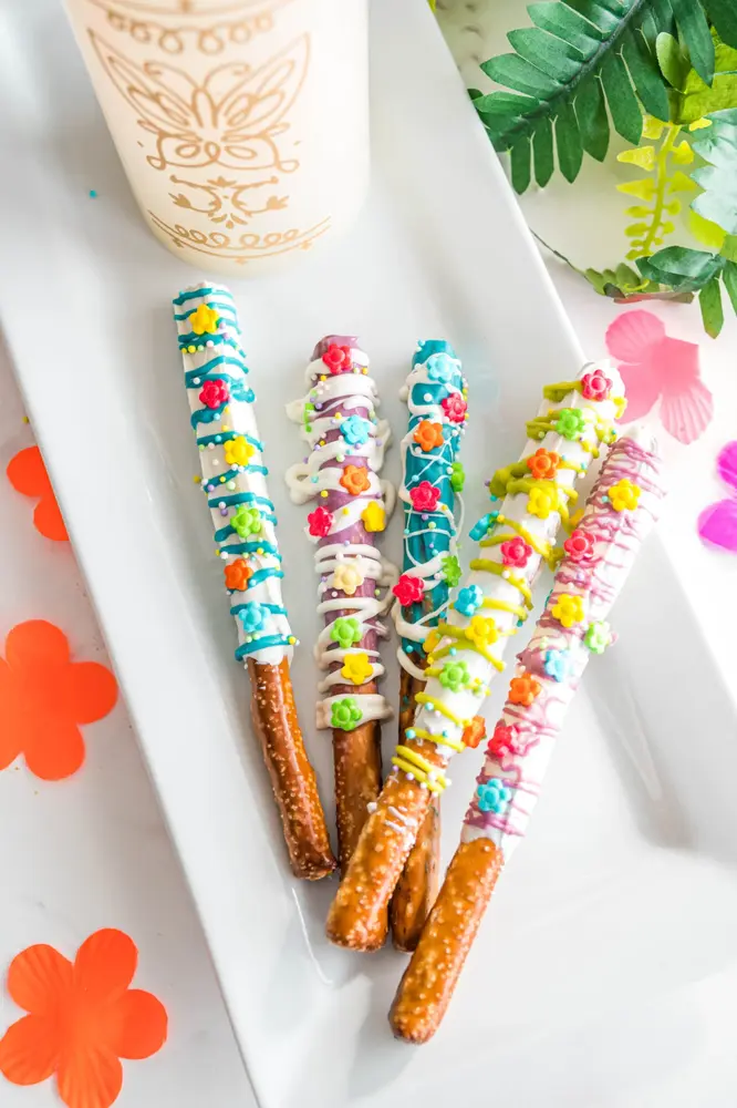 encanto chocolate dipped pretzel rods on white plate