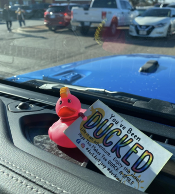 rubber ducky with tag that says "you've been ducked" for duck duck jeep