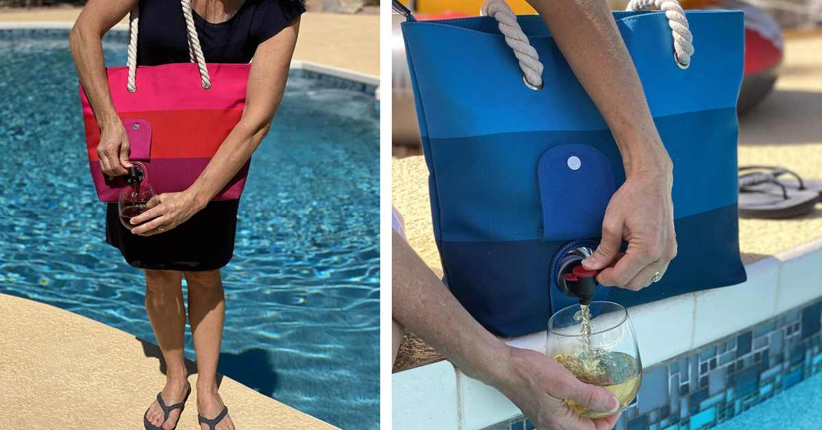 You Can Get A Beach Tote with A Secret Insulated Compartment That Holds 2 Bottles of Wine