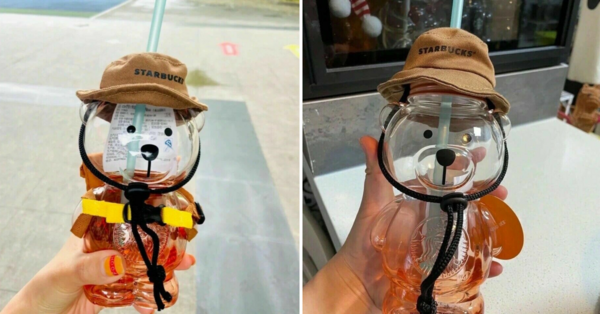 Starbucks’ New Glass Tumbler Is Shaped Like a Bear Dressed in Camping Gear 
