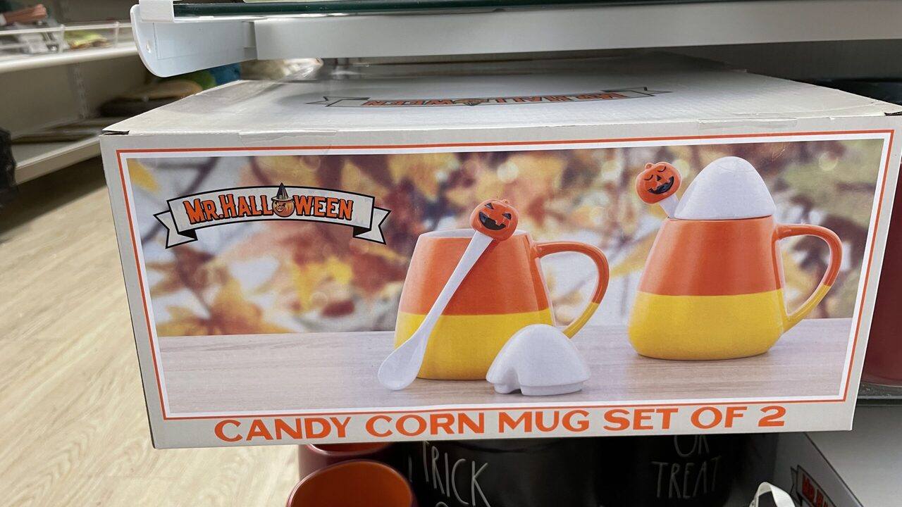 HomeGoods is Selling A Candy Corn Mug Set That Comes with Matching Spoons