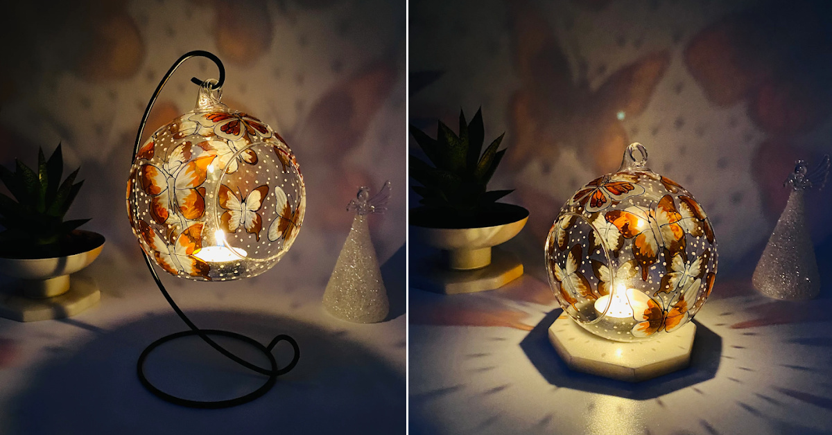This Hand Painted Butterfly Glass Candle Holder Will Project Butterflies Onto Your Wall