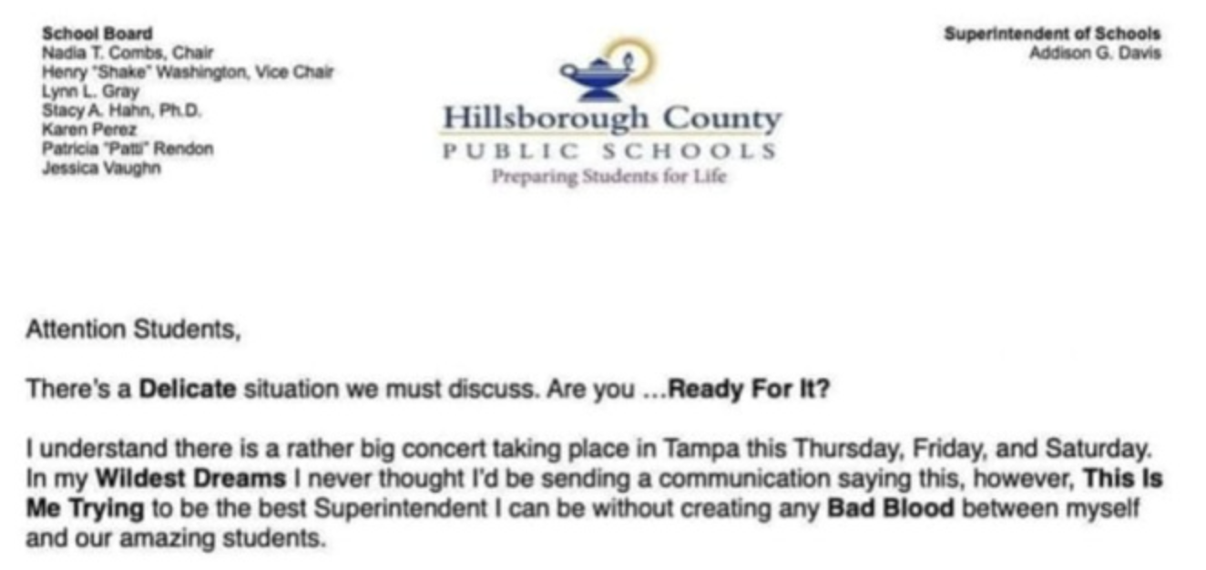 A Florida Superintendent Lets Students Know That Seeing Taylor Swift Is Not A Reason To Miss School in The Most Hilarious Way