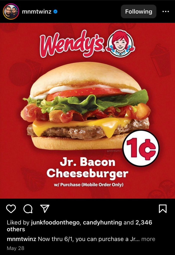 Wendy's to Sell Junior Bacon Cheeseburgers for 1 Cent